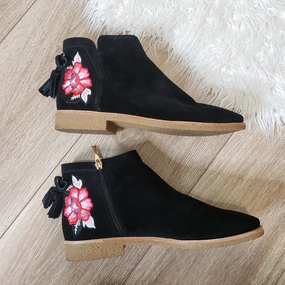 Kate Spade Bellville Black Ankle Booties with Pink Floral Design 10 - Picture 5 of 9